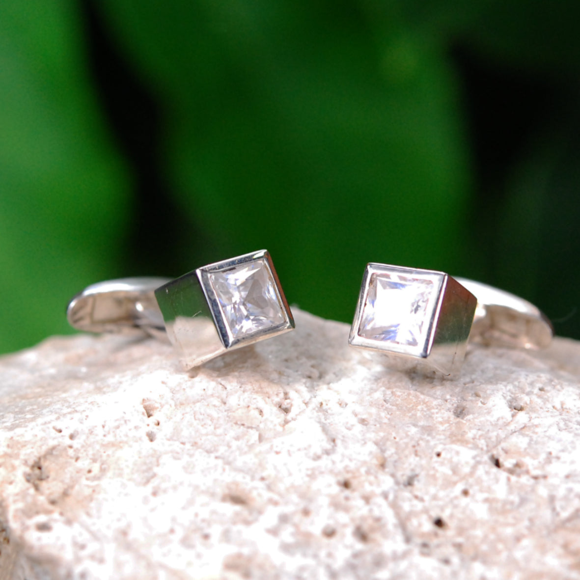 Silver Cufflinks CUBE with Faceted White Zirkonia