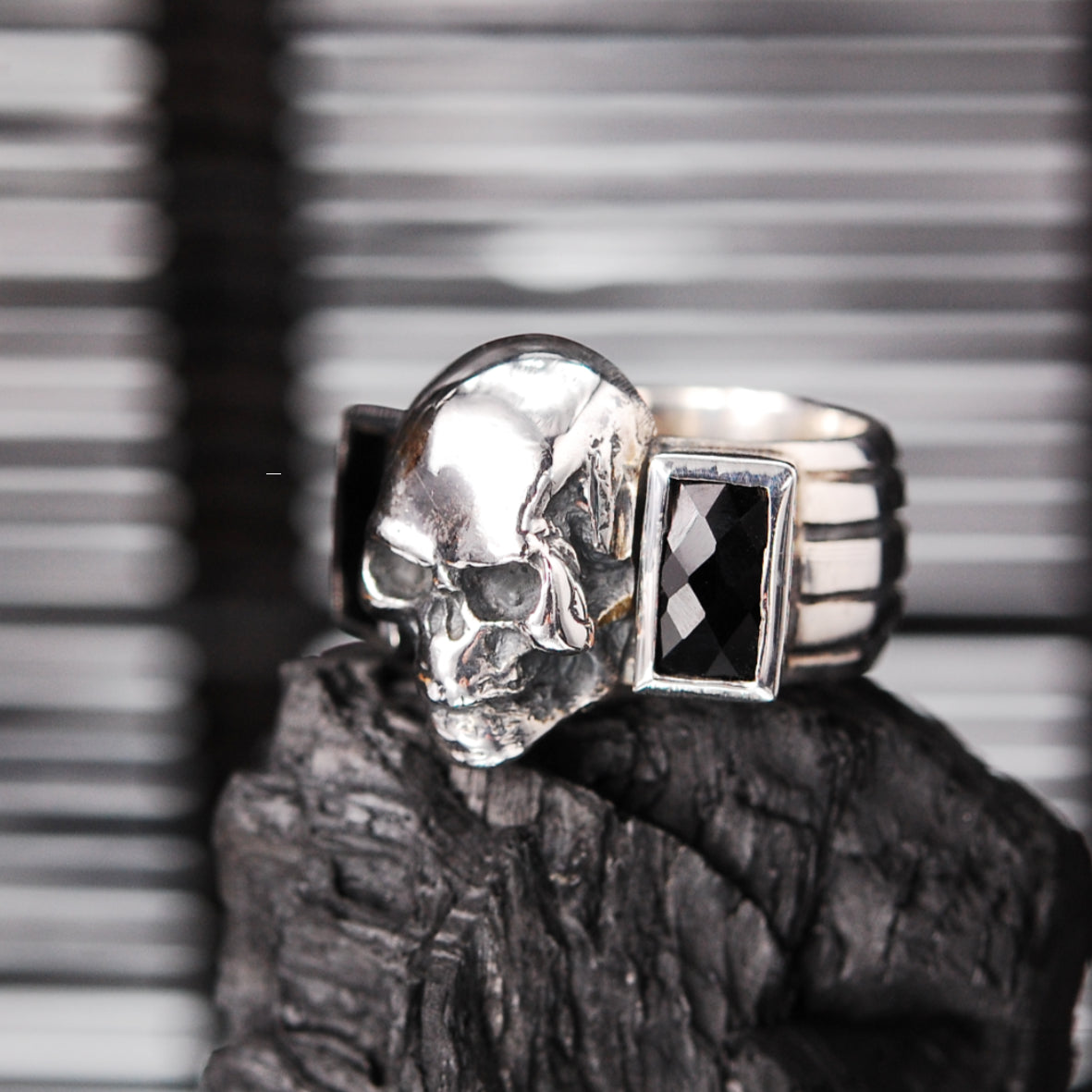 Silver Ring SKULL with Baguette Stones