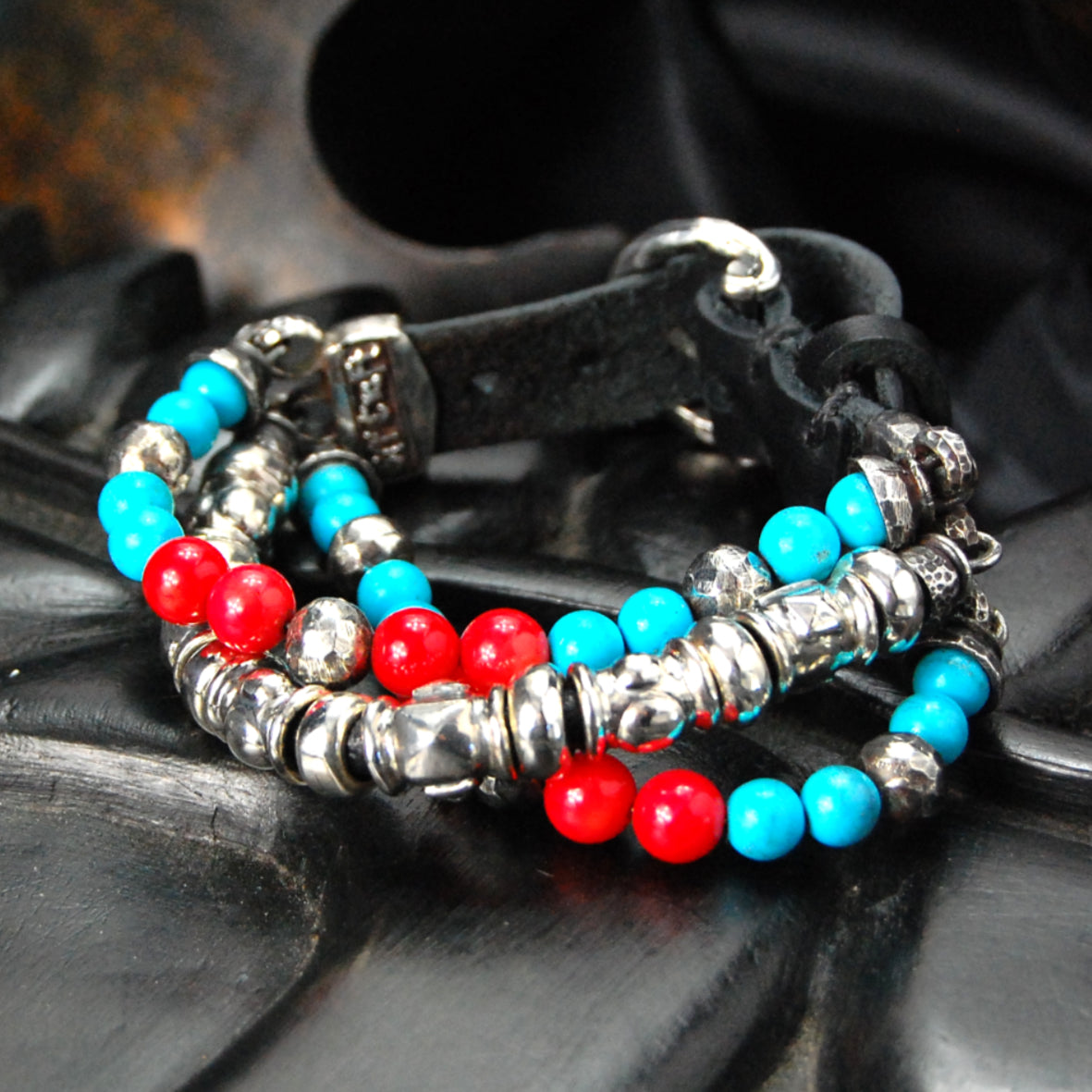 Silver Leather Bracelet Beads and PYRAMIDES and DOMES  Silver Tubes 15