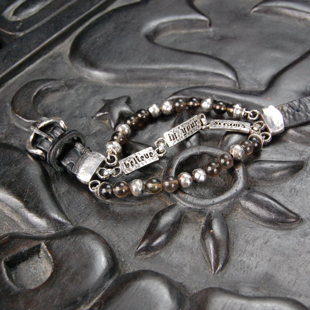 Silver Leather and Beads Bracelet with Silver Plates with Believe in your Dreams