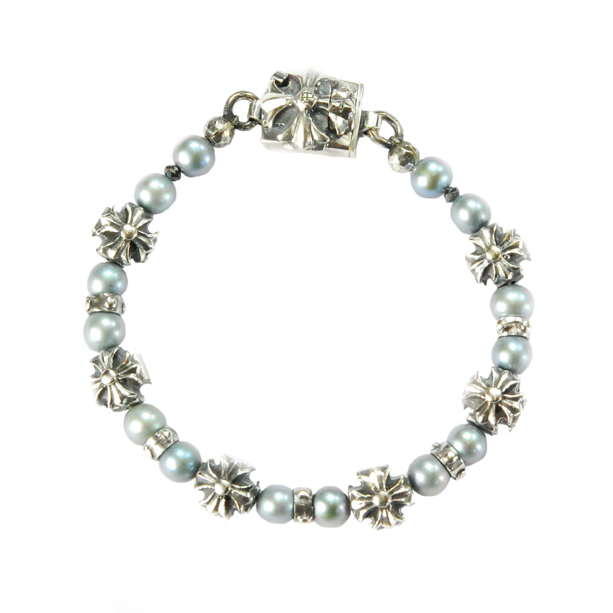 Silbernes Armband mit PERLEN und GRIECHISCHEN MALTESERKREUZEN und Schloss