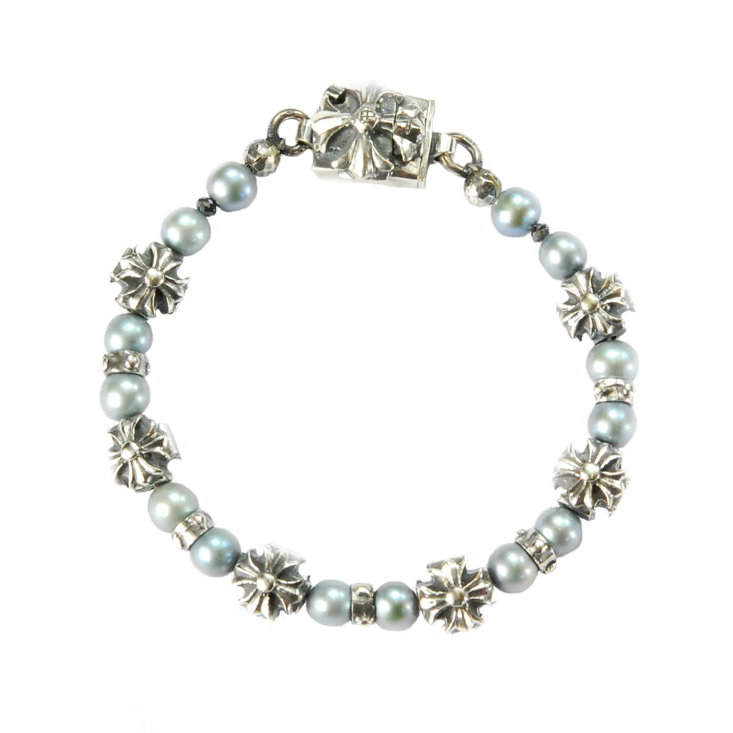 Silbernes Armband mit PERLEN und GRIECHISCHEN MALTESERKREUZEN und Schloss