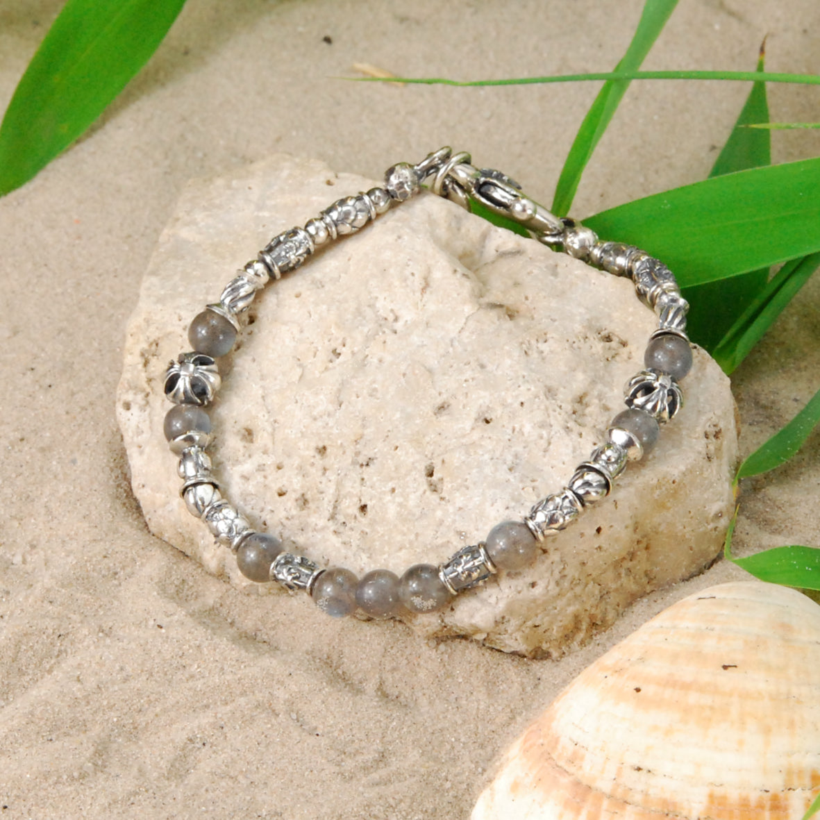 Silver Bracelet TUBES Elfin Lilies, Dragon Scales Spirals Stars with MALTESER CROSS and Beads