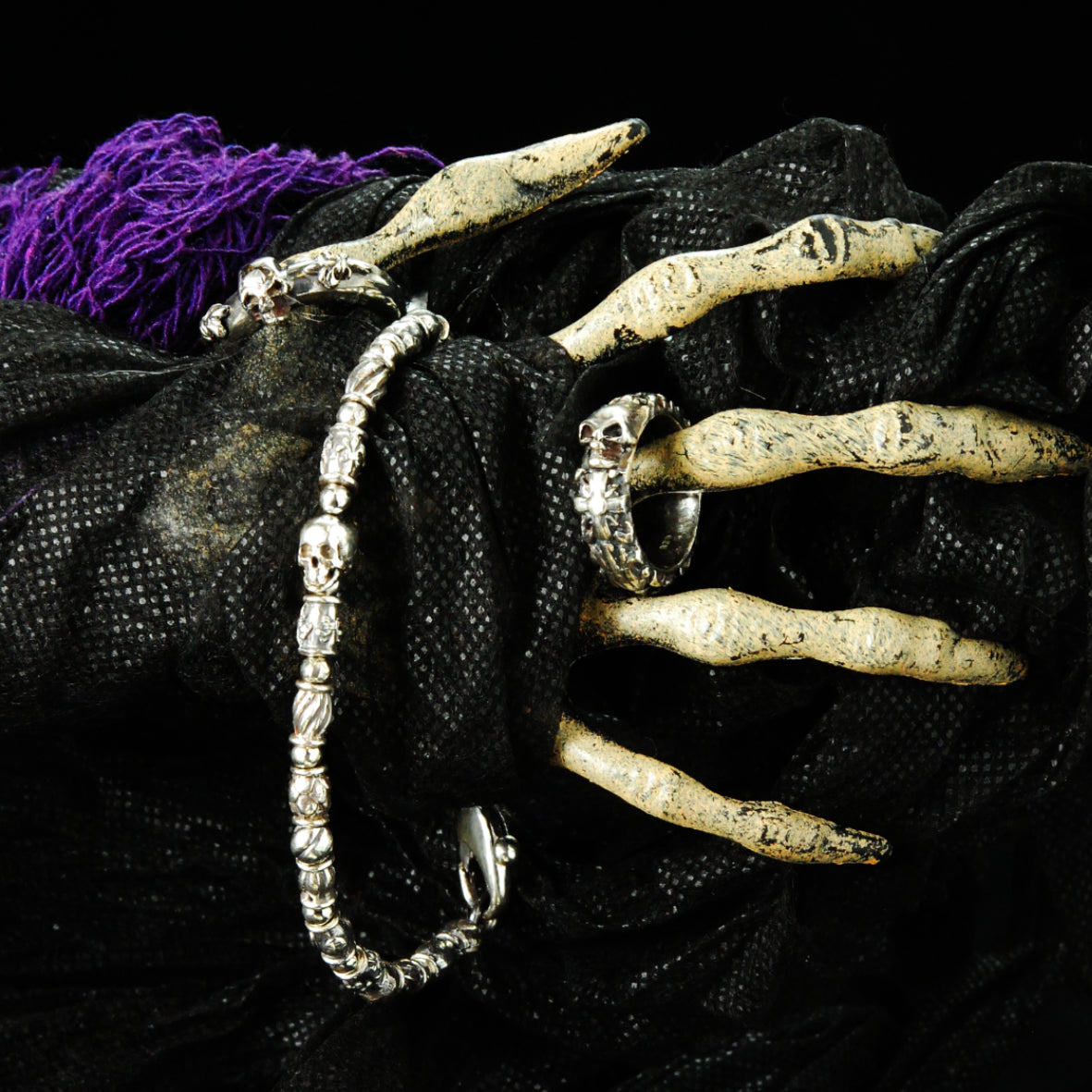 Silver Ring SKULL with LILIES on Plain Band