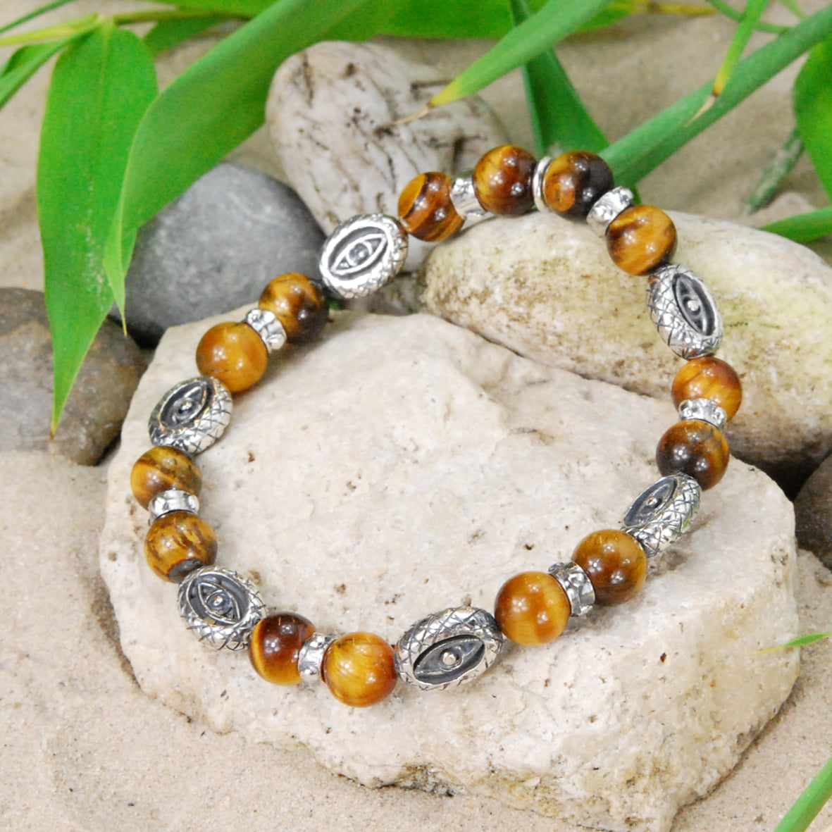 Silver Bracelet with 12 mm DRAGON EYES with Beads 08 on Rubber