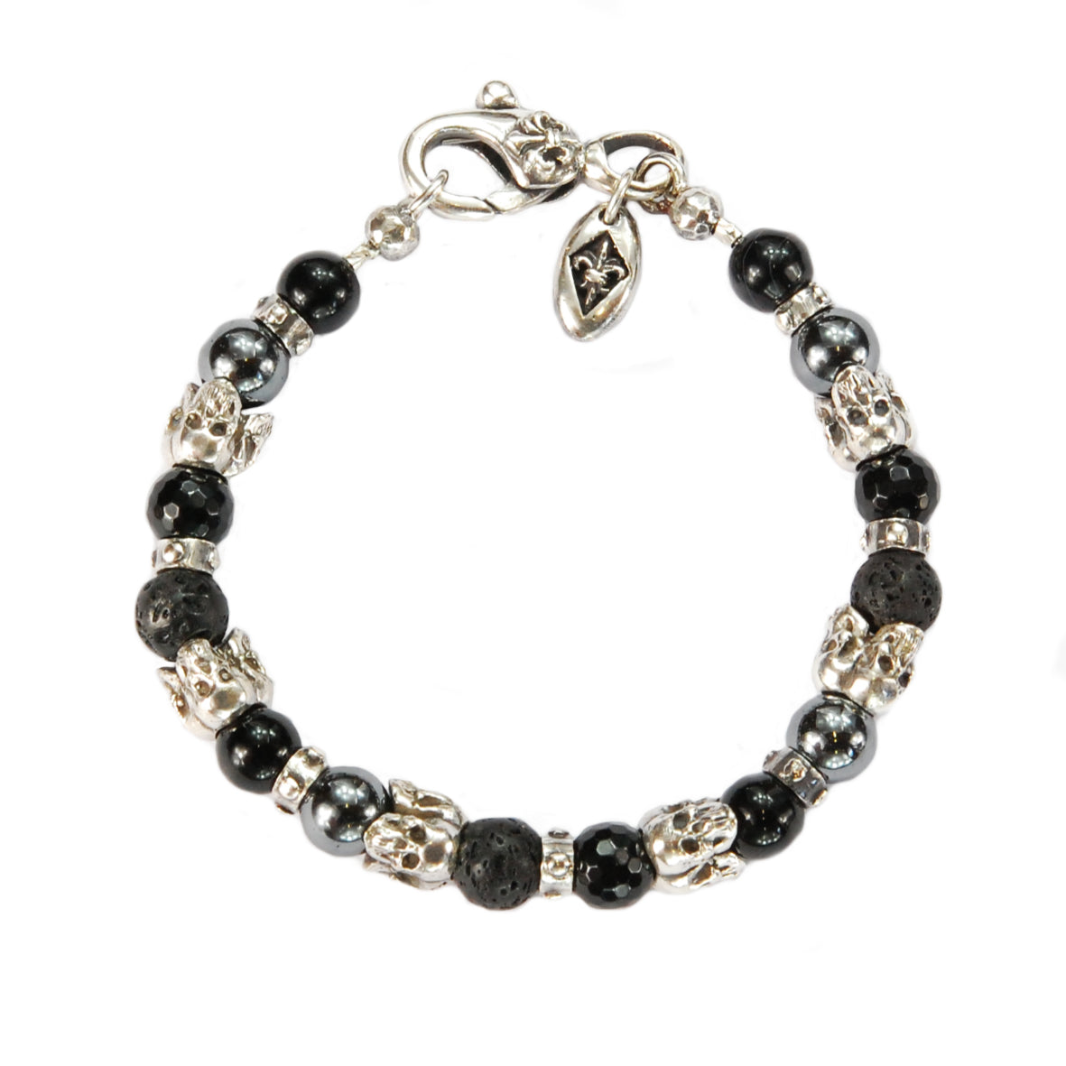 Silver Bracelet with Triple Small SKULLS and Beads or Pearls 8