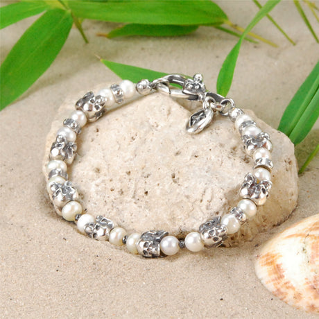 Silver Bracelet with Triple Small SKULLS  and Beads or Pearls 8