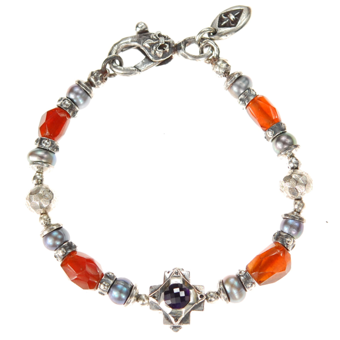 Silver Bracelet Beads OCTAGON CROSS and STONE ROCKS and PEARLS