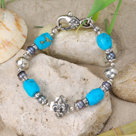 Silberarmband mit Perlen, griechischem Lilienkreuz und Stein Rocks und Perlen