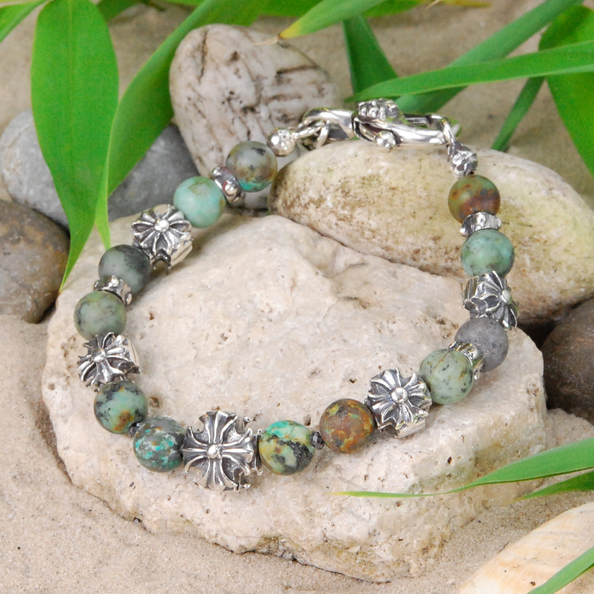 Silberarmband mit griechischen MALTESER-Kreuzen und Stein Perlen 08