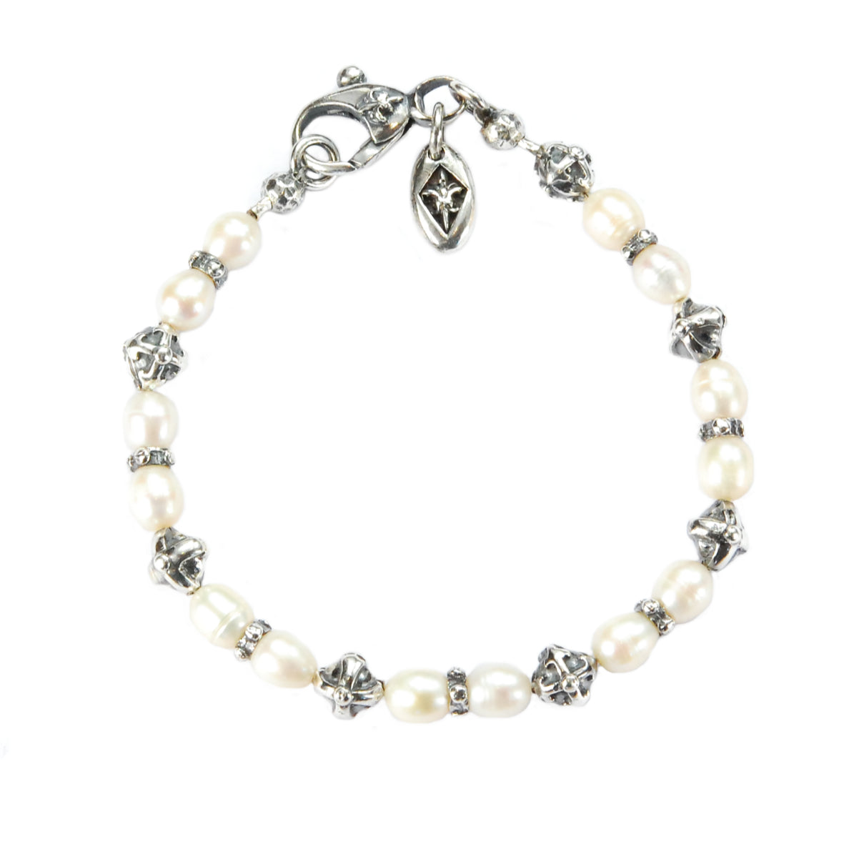 Silberarmband mit 8 mm großen Kreuzkugeln und echten Perlen