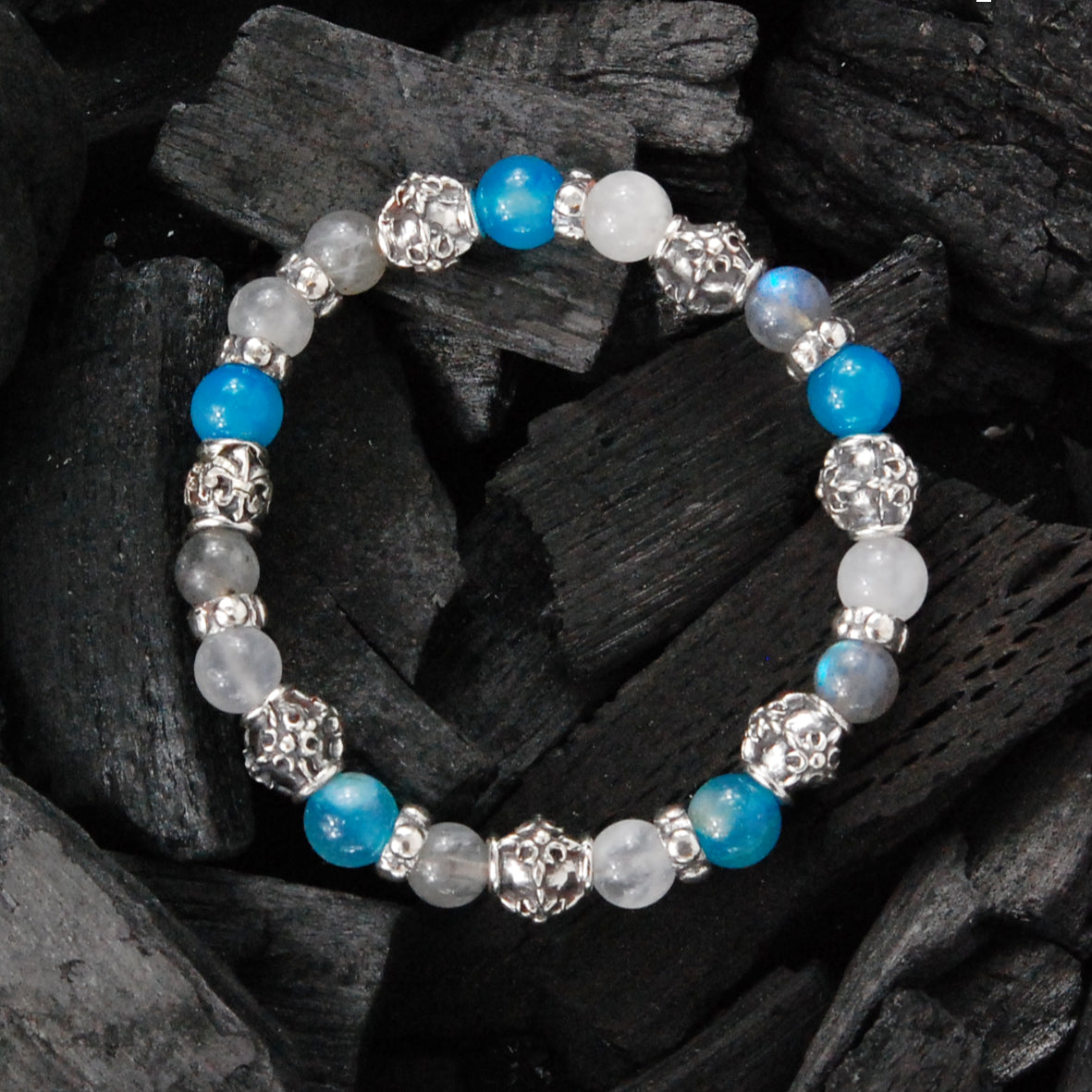 Silver Bracelet with CRESCENT STAR Barrel Tubes with Beads or Pearls
