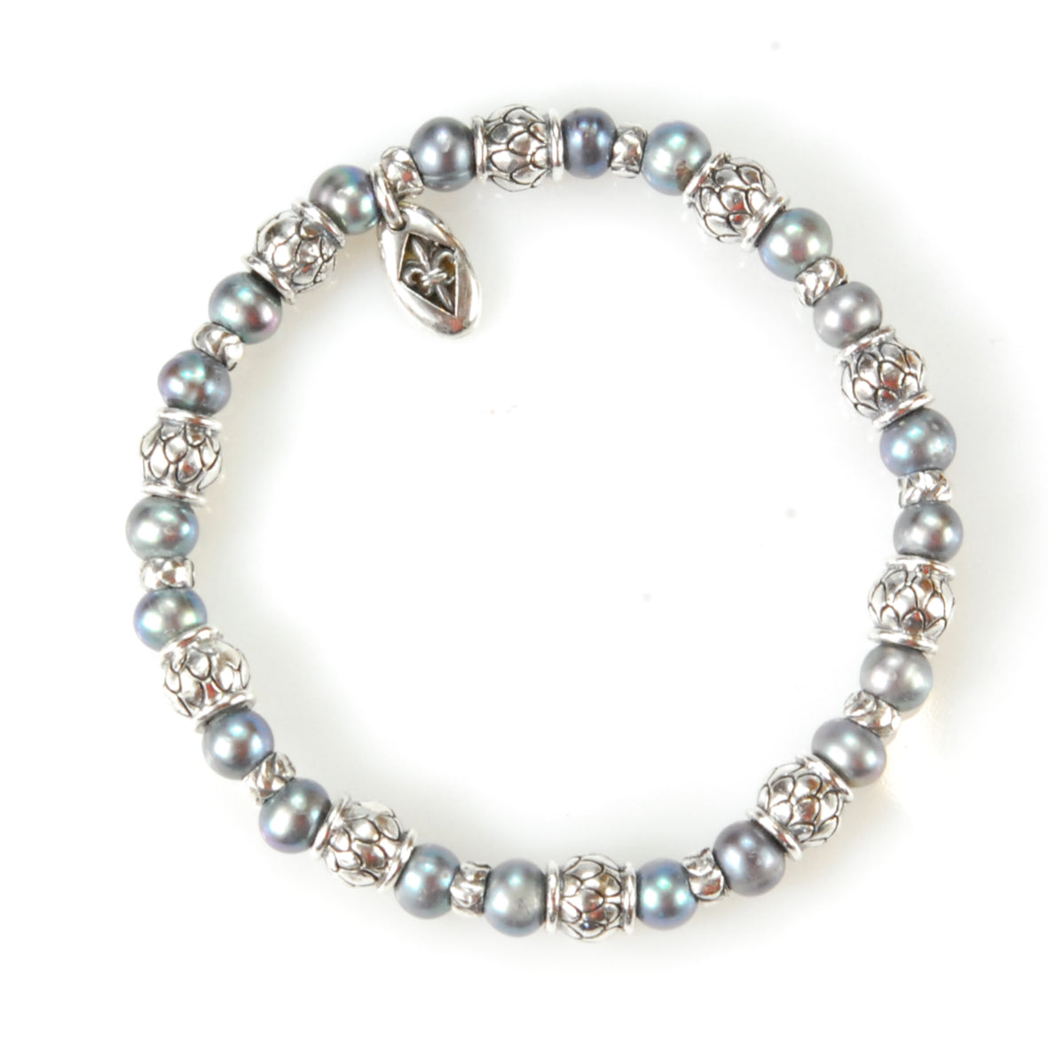 Silver Bracelet with DRAGON SCALES Barrels and Black Pearls 6 on Rubber