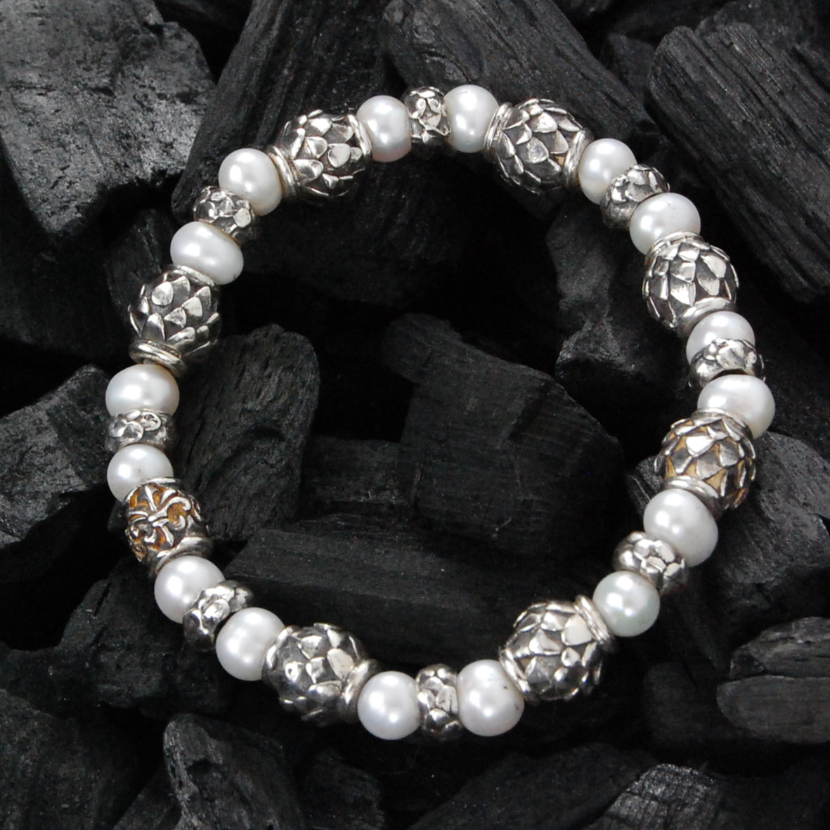 Silver Bracelet with DRAGON SCALES Barrels and Beads + Pearls 8 on Rubber