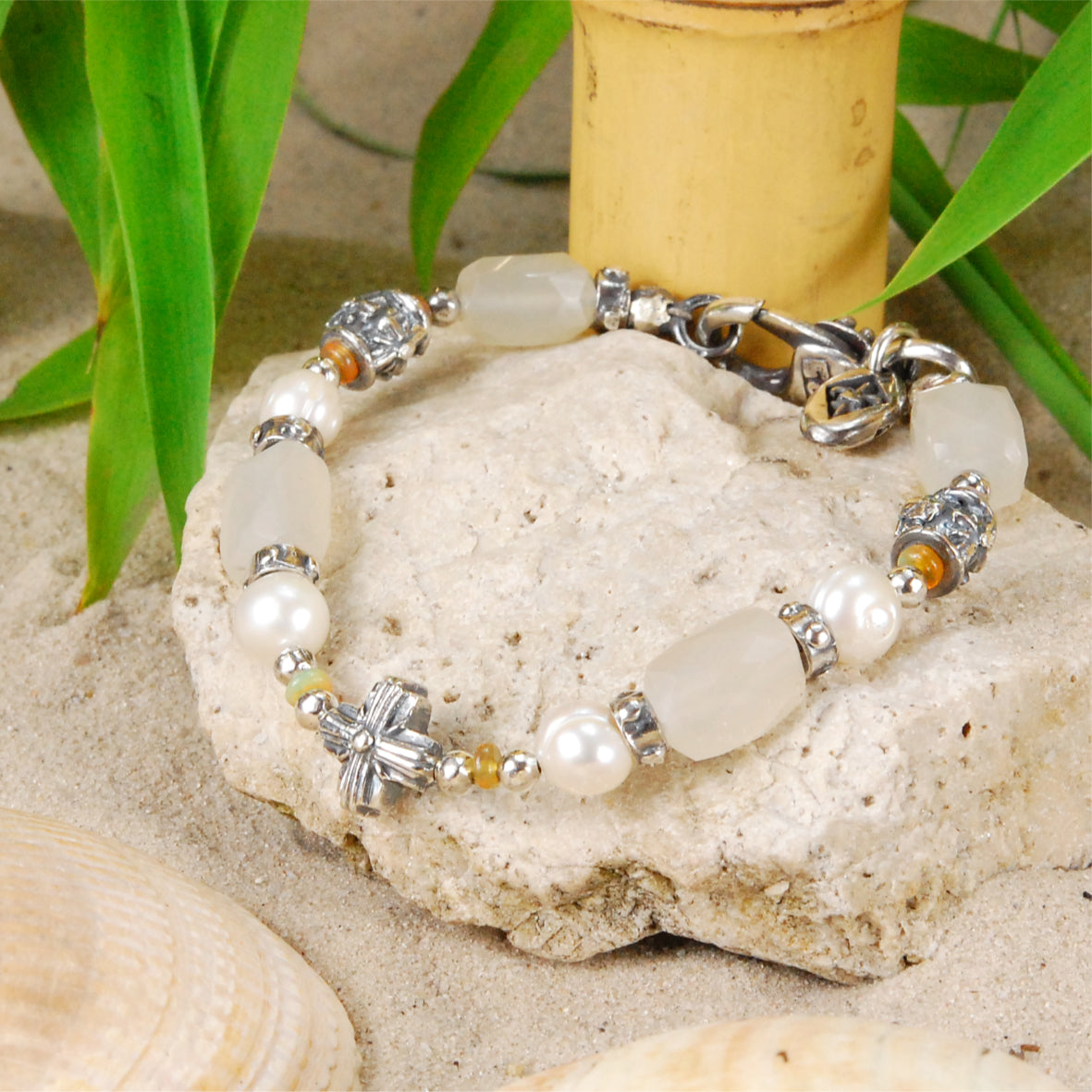 Silberarmband mit Steinperlen MALTESER KREUZ und STEIN Rocks und echten PERLEN