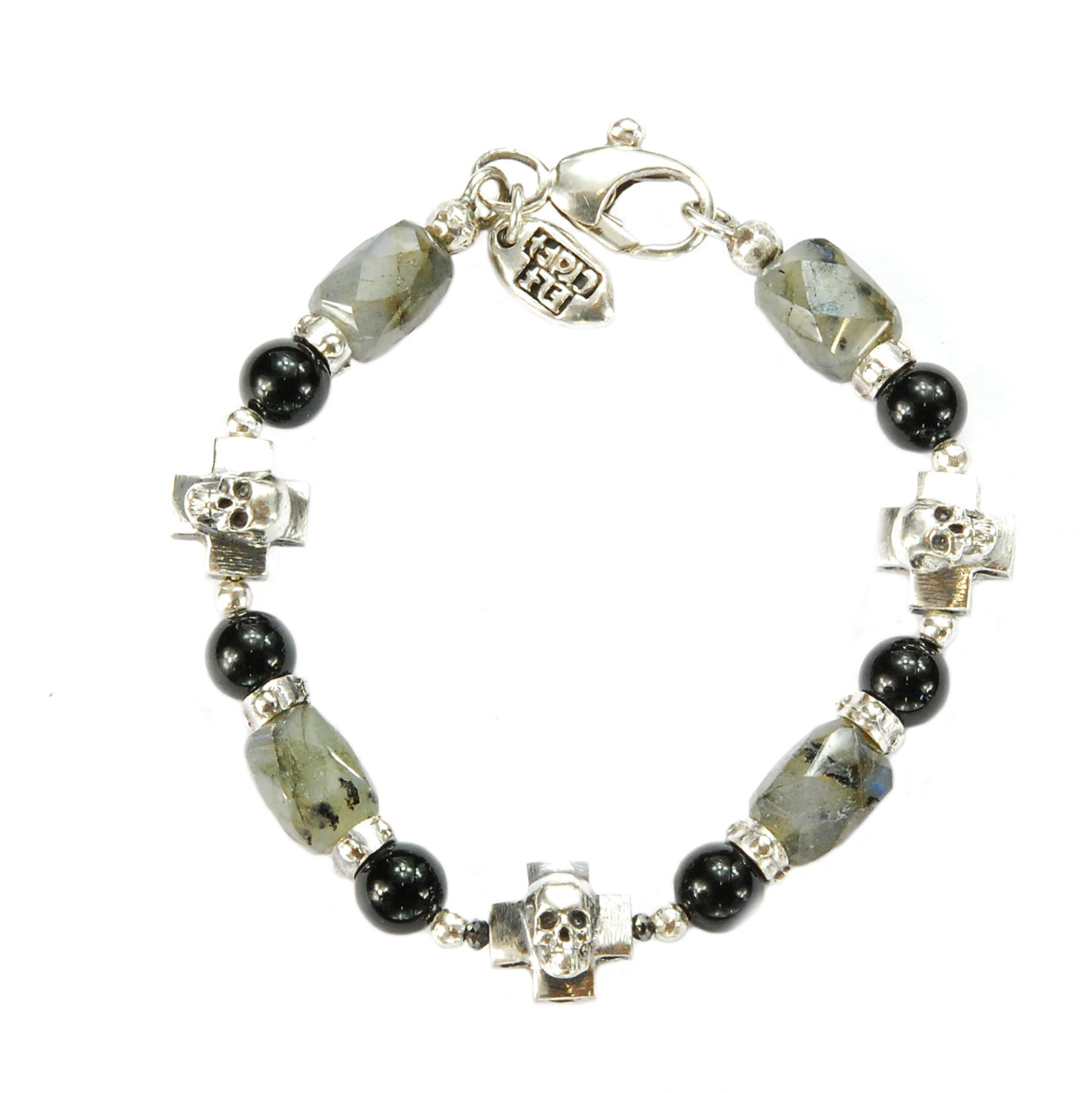 Silver Bracelet SKULL CROSSES and LABRADORITE ROCKS with Black Beads+Diamonds