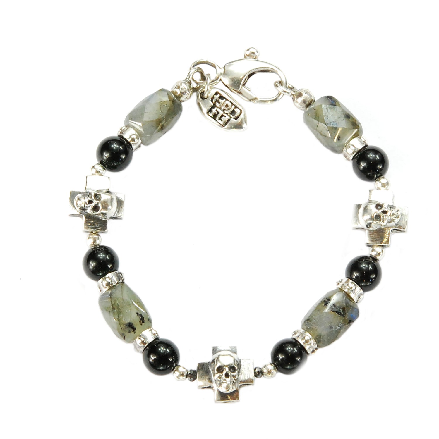 Silver Bracelet SKULL CROSSES and LABRADORITE ROCKS with Black Beads+Diamonds