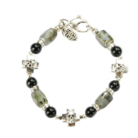 Silver Bracelet SKULL CROSSES and LABRADORITE ROCKS with Black Beads+Diamonds