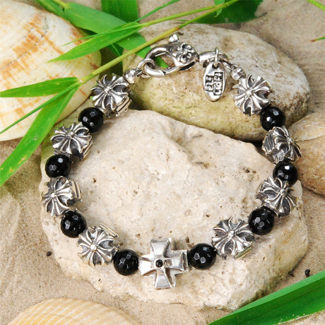 Silberarmband MALTESERKREUZE und RITTERKREUZ mit Onyx Perlen