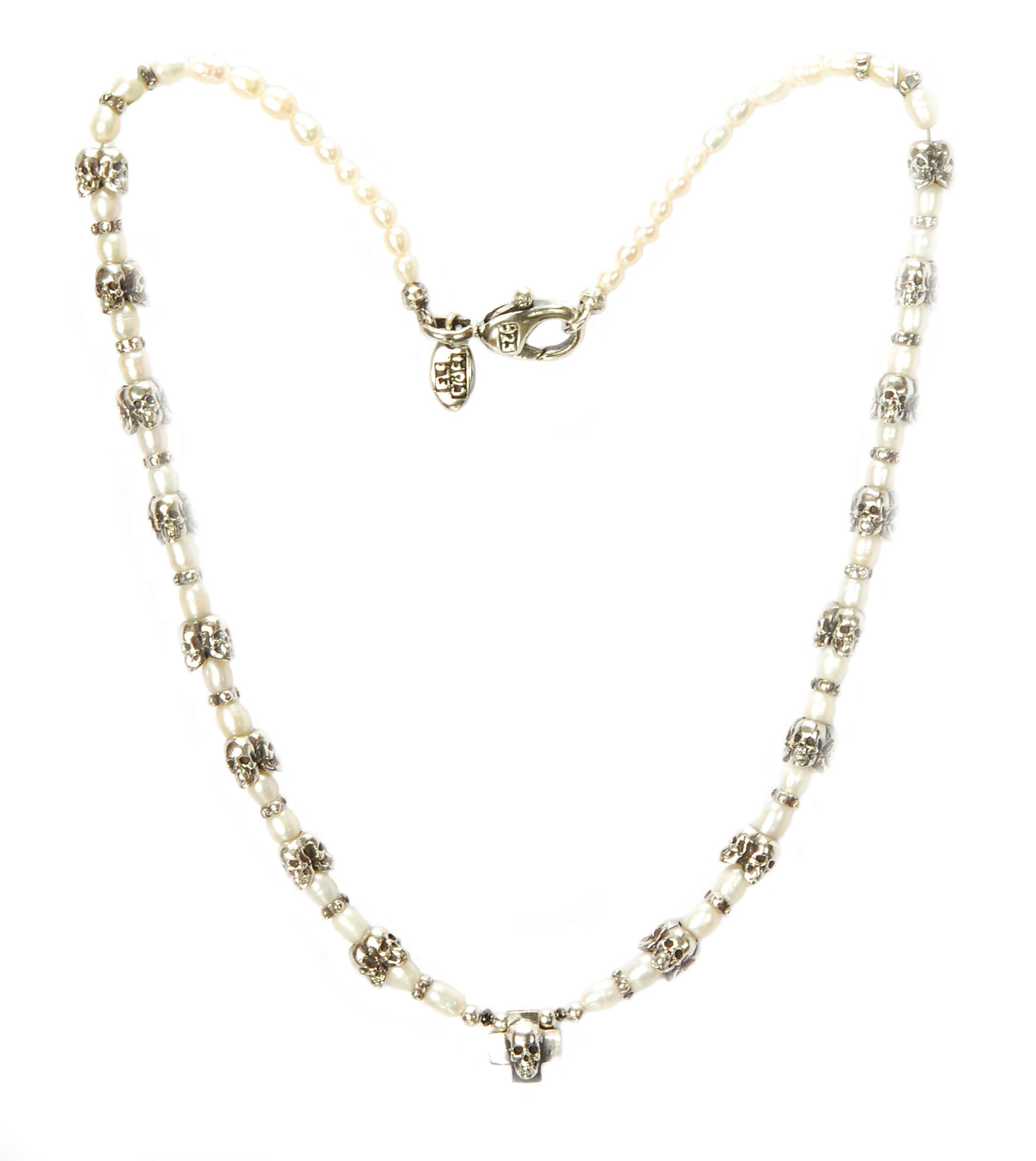 Silver and Pearls Necklace with Triple Small SKULLS 8