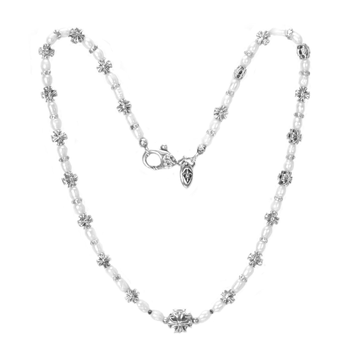 Silver and Pearls Necklace with Malteser Crosses 8 + 12 mm