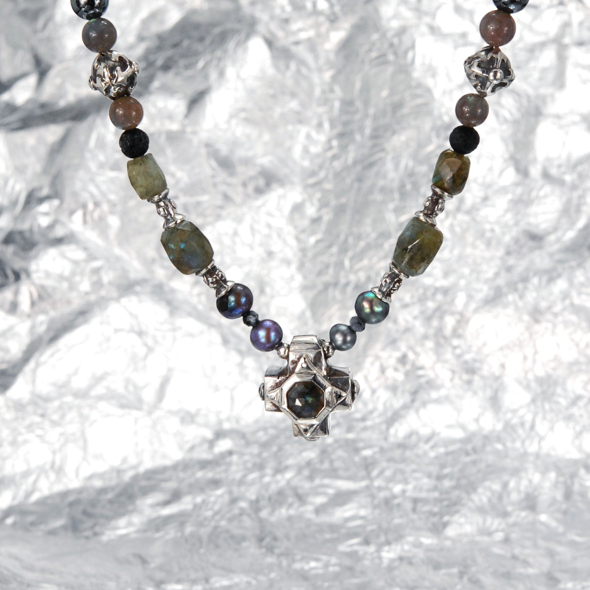 ROCKS BEADS+PEARLS Necklace with Silver Tubes and Balls and GREEK OCTAGON CROSS