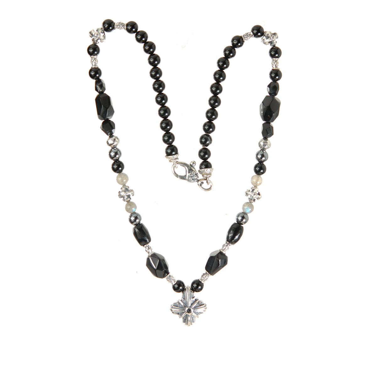 ROCKS and BEADS Halskette mit silbernen Röhren und Kugeln und GRIECHISCHEM MORGENSTERNKREUZ