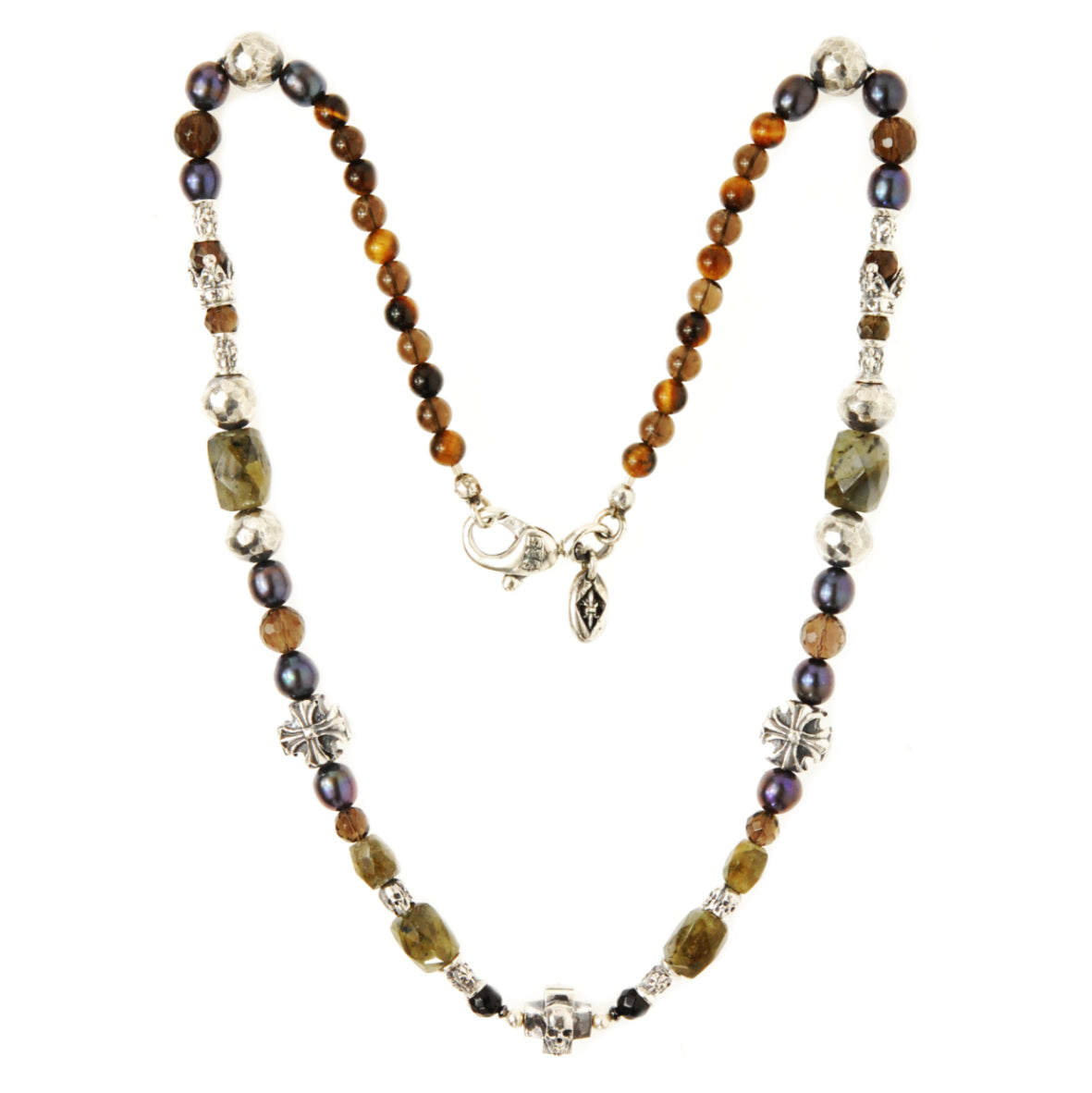 ROCKS and BEADS Necklace w. Silver Tubes+Balls + MALTESER  + Center SKULL CROSS