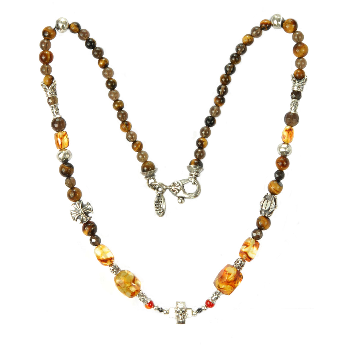 ROCKS and BEADS Necklace w. Silver Tubes+Balls + MALTESER  + Center SKULL CROSS
