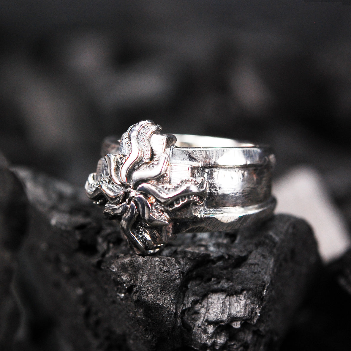 Silver Ring Greek Cross with Elfin SUN on Stripe Band
