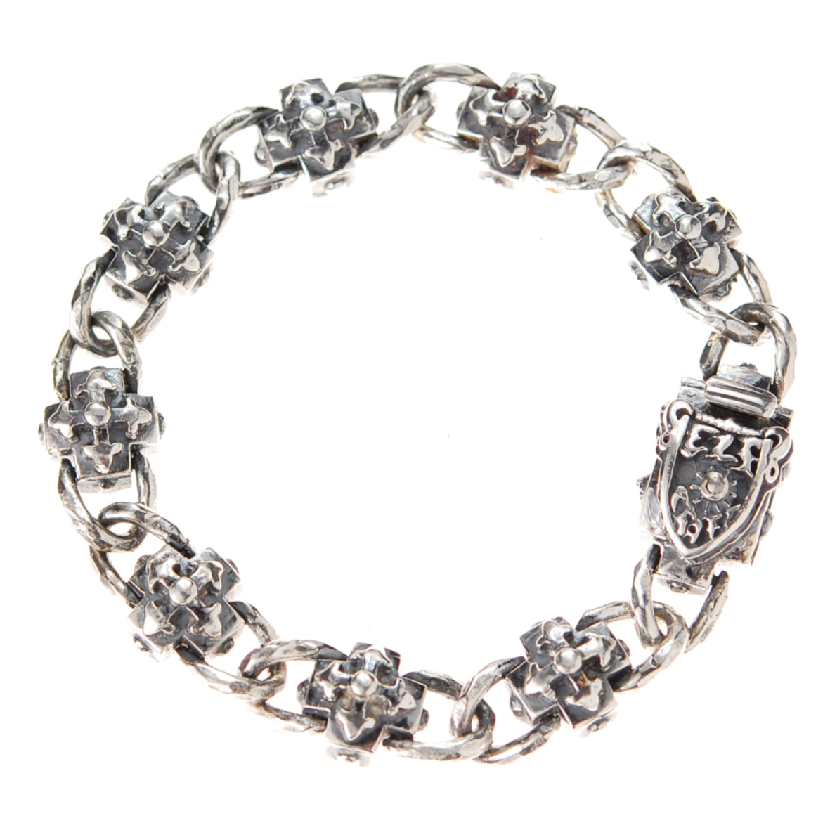 Silver Bracelet Greek Blades Crosses and Faceted Chain with Shield Boxlock 12