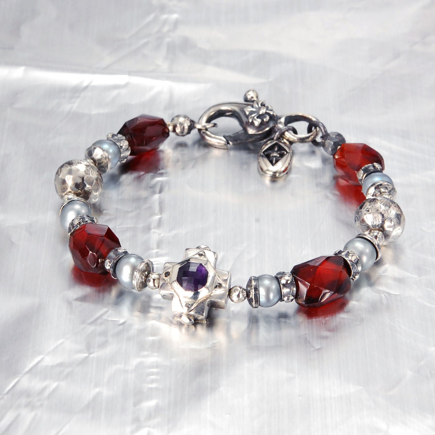 Silver Bracelet Beads OCTAGON CROSS and STONE ROCKS and PEARLS