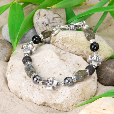 Silver Bracelet SKULL CROSSES and LABRADORITE ROCKS with Black Beads+Diamonds