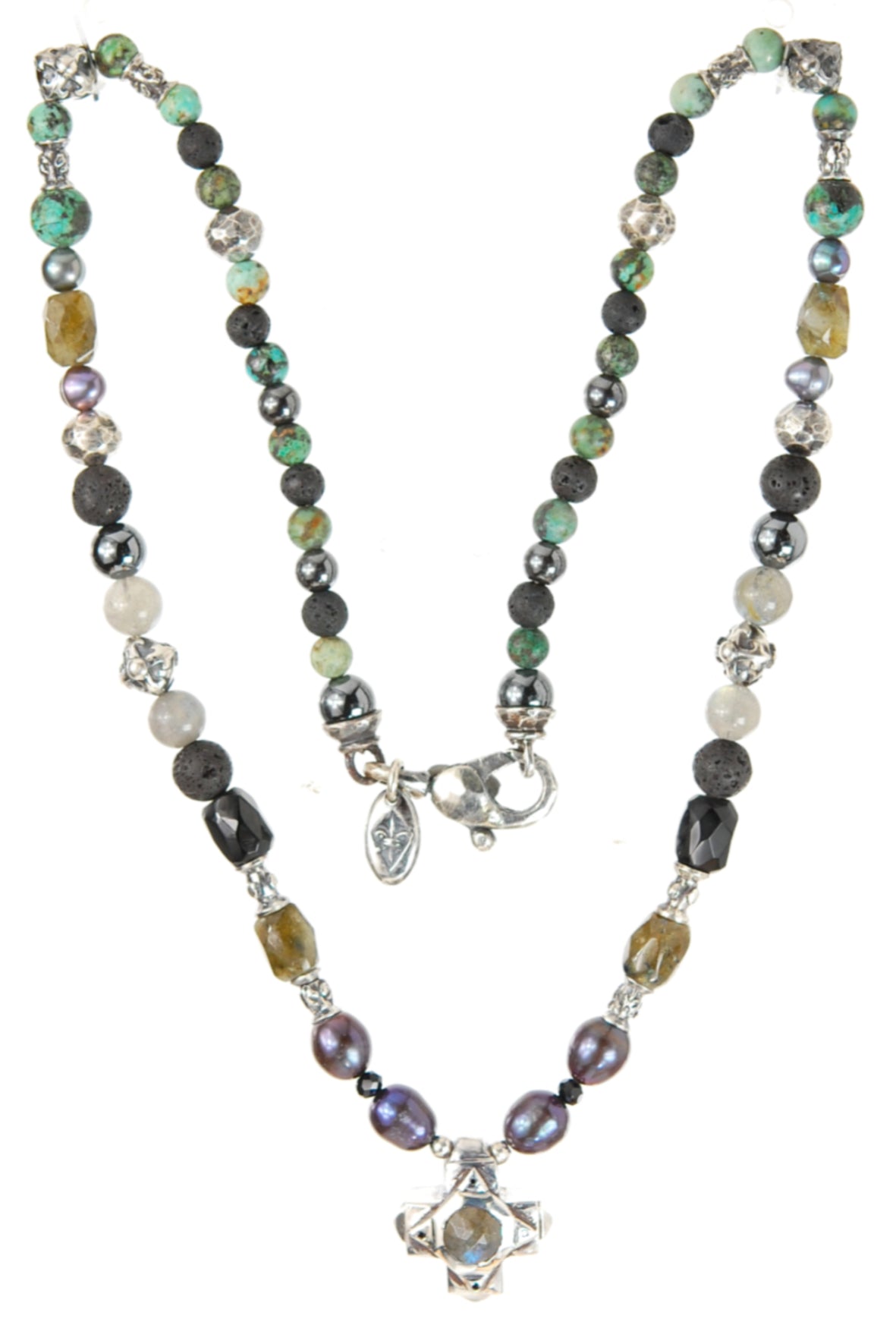 ROCKS BEADS+PEARLS Necklace with Silver Tubes and Balls and GREEK OCTAGON CROSS