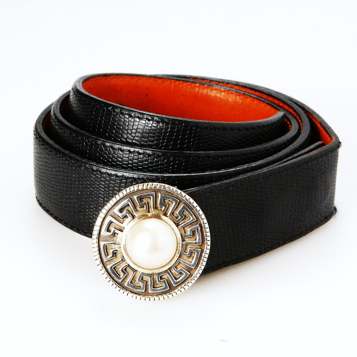 Silver Belt Buckle MEANDER CIRCLE with MABE PEARL