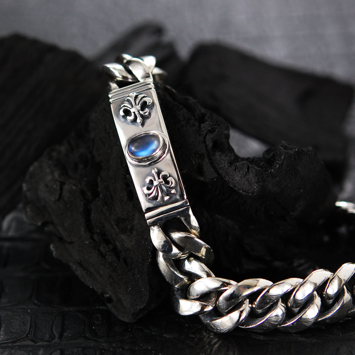 Silver Bracelet Oval STONE and LILIES Chain XSS