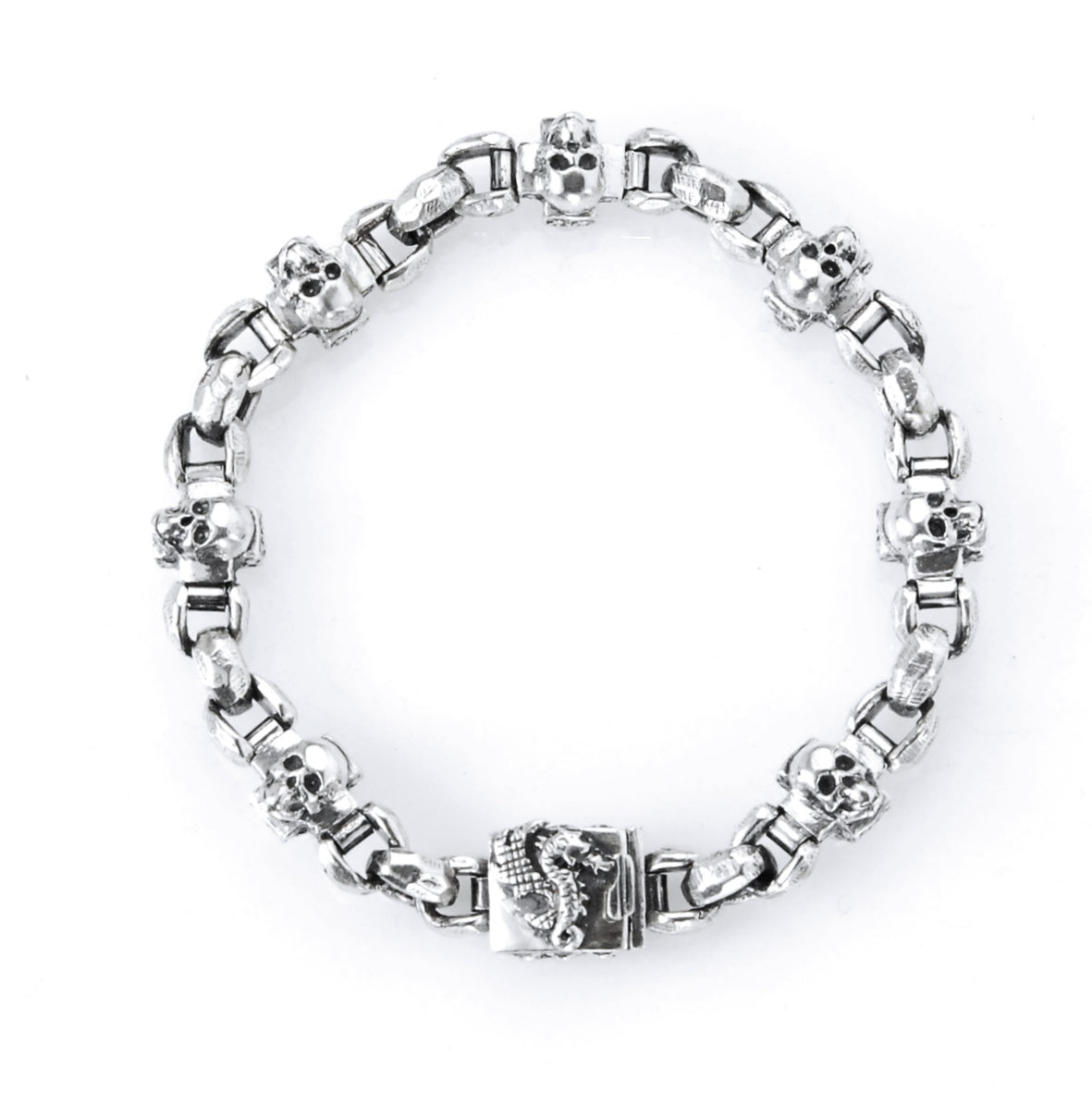 Silver Bracelet SKULL CROSSES + DRAGON BOX LOCK on PEA Chain 3