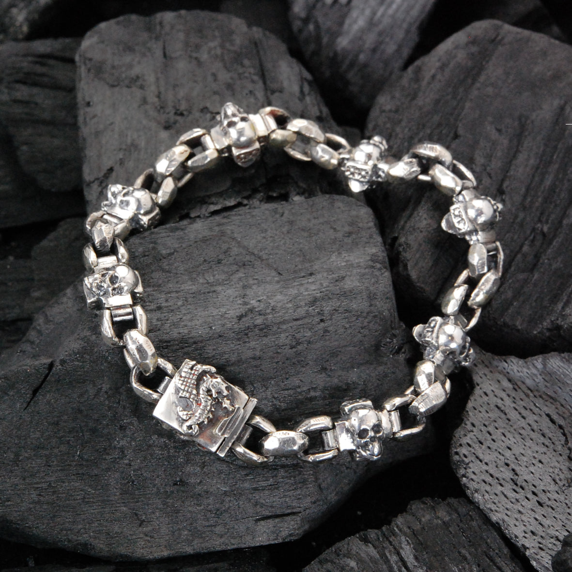 Silver Bracelet SKULL CROSSES + DRAGON BOX LOCK on PEA Chain 3
