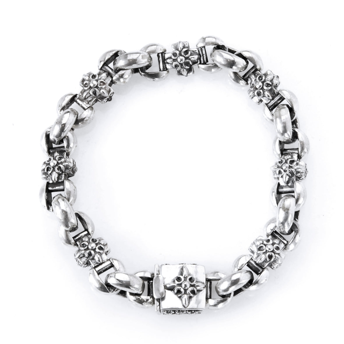 Silver Bracelet CRESCENT STAR CROSSES + BOX LOCK on PEA Chain Faceted