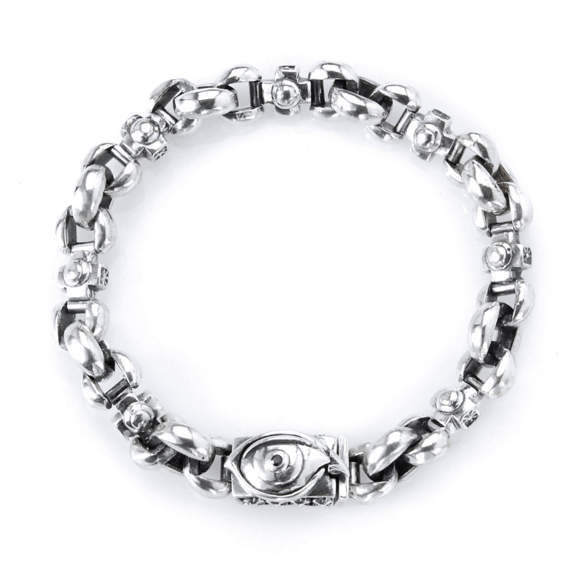Silver Bracelet PUPIL CROSSES + THE THIRD EYE CARES LOCK on PEA Chain
