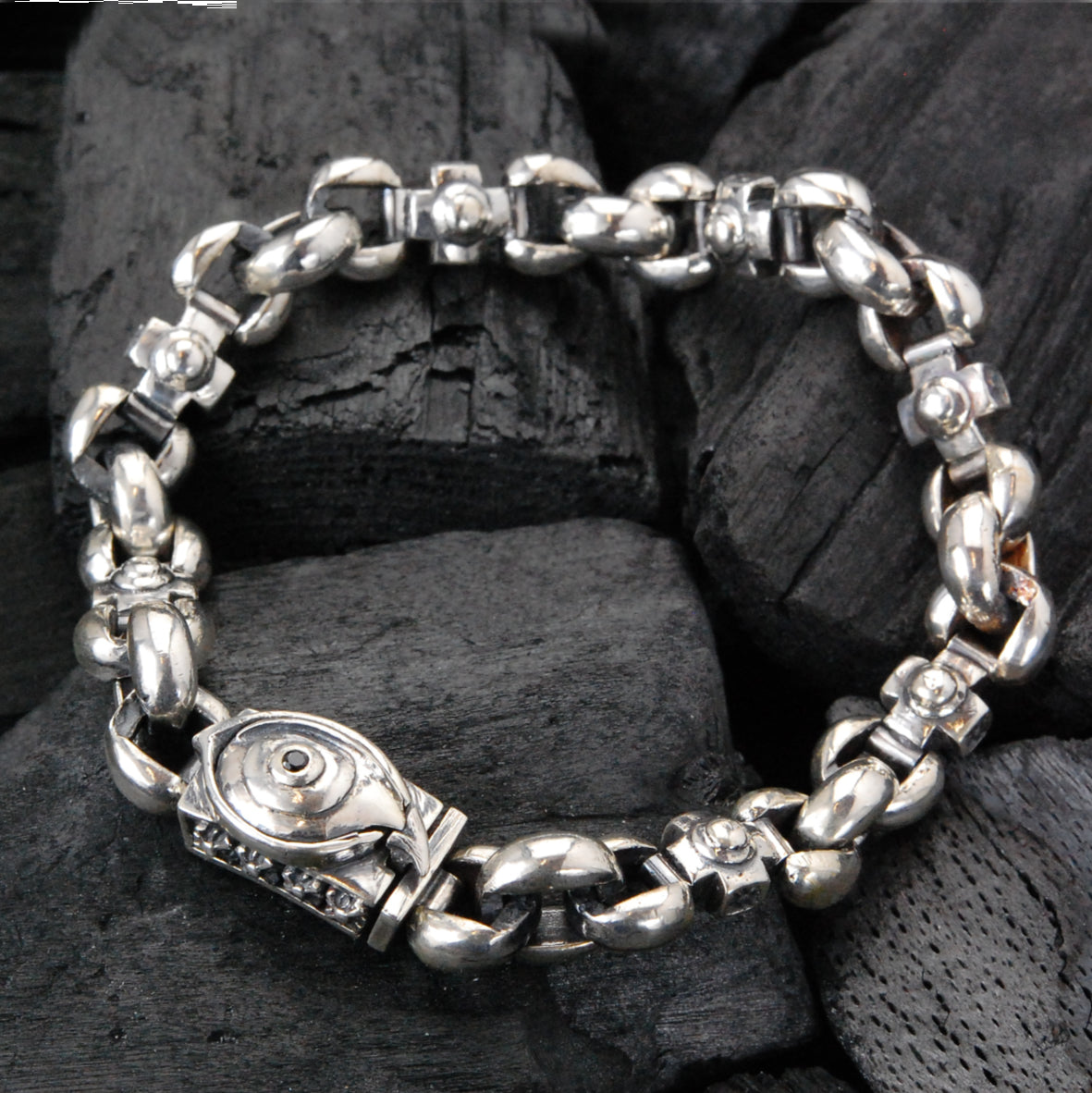 Silver Bracelet PUPIL CROSSES + THE THIRD EYE CARES LOCK on PEA Chain