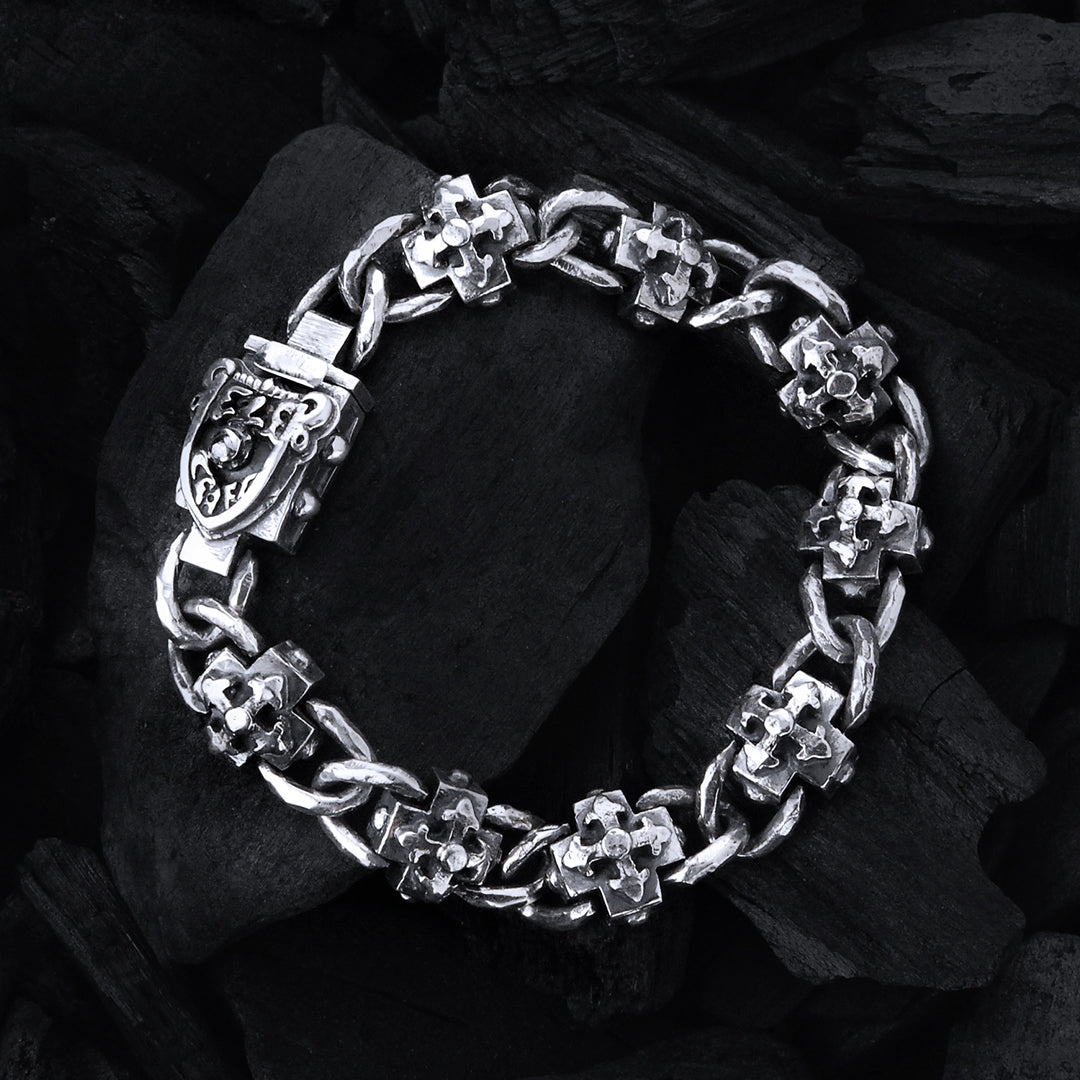 Silver Bracelet Greek Blades Crosses and Faceted Chain with Shield Boxlock 12