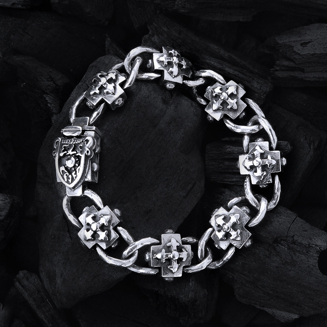 Silberarmband mit griechischen Kreuzen und facettierter Kette mit Wappen-Boxlock 15