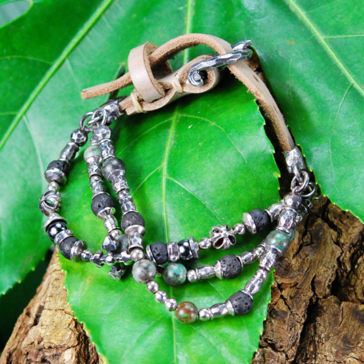 Silver Leather Bracelet Beads and Tubes BLADES CROSS 15