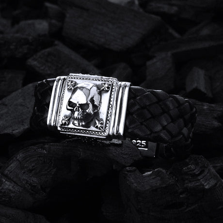 Silver Leather Bracelet SKULL and Lilies 22