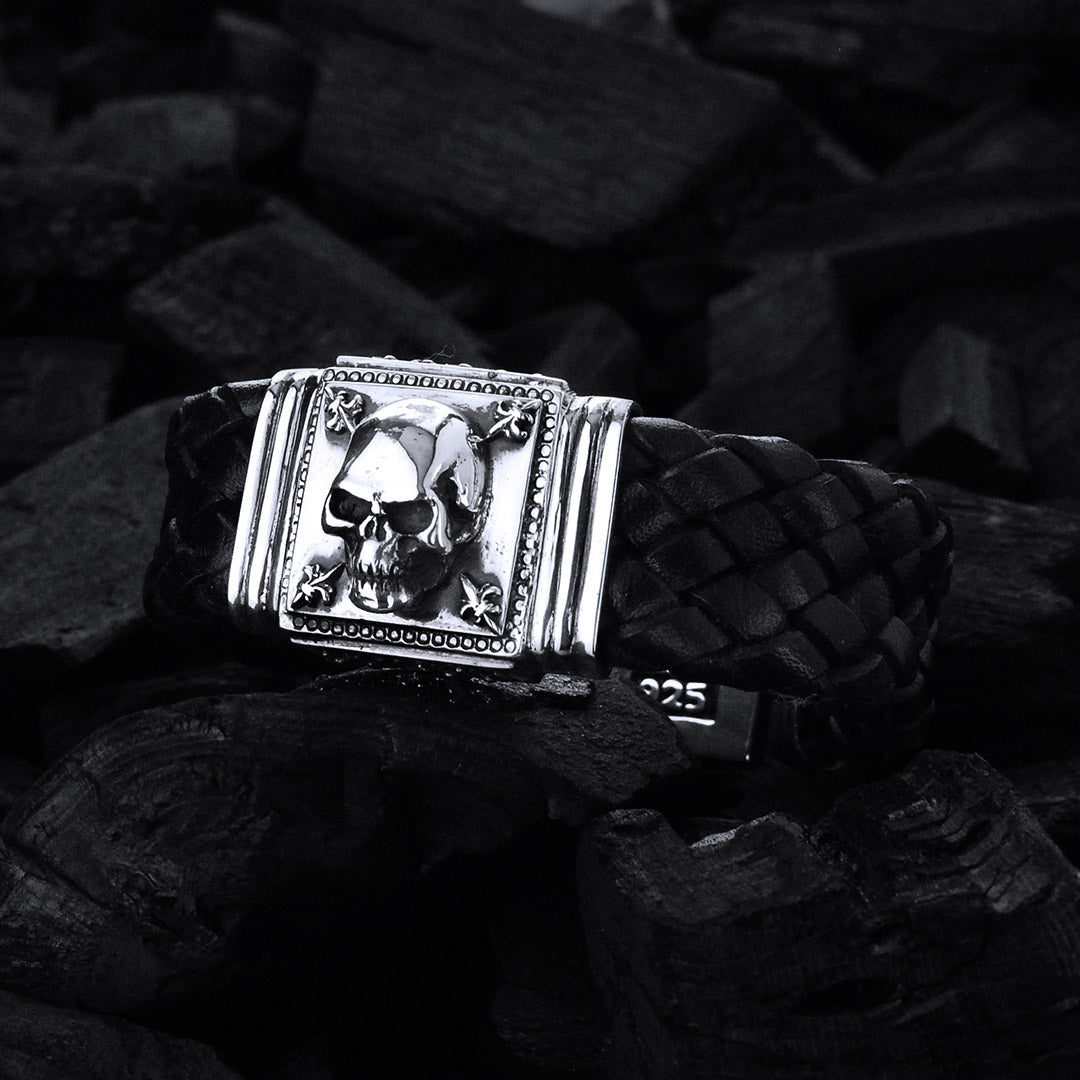 Silver Leather Bracelet SKULL and Lilies 22