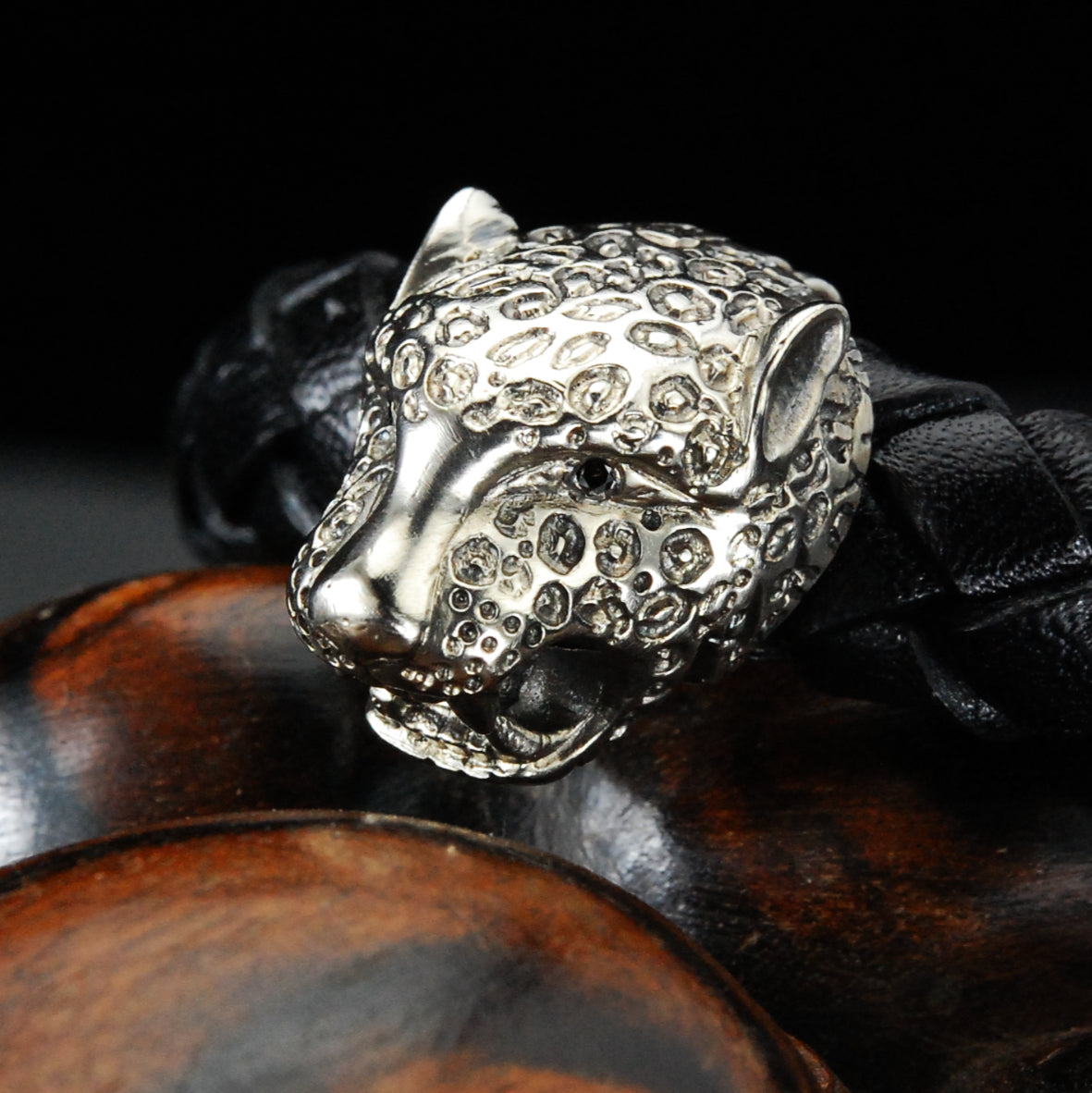 Silver Leather Bracelet LEOPARD Head with Diamond Eyes and Shieldlock 13