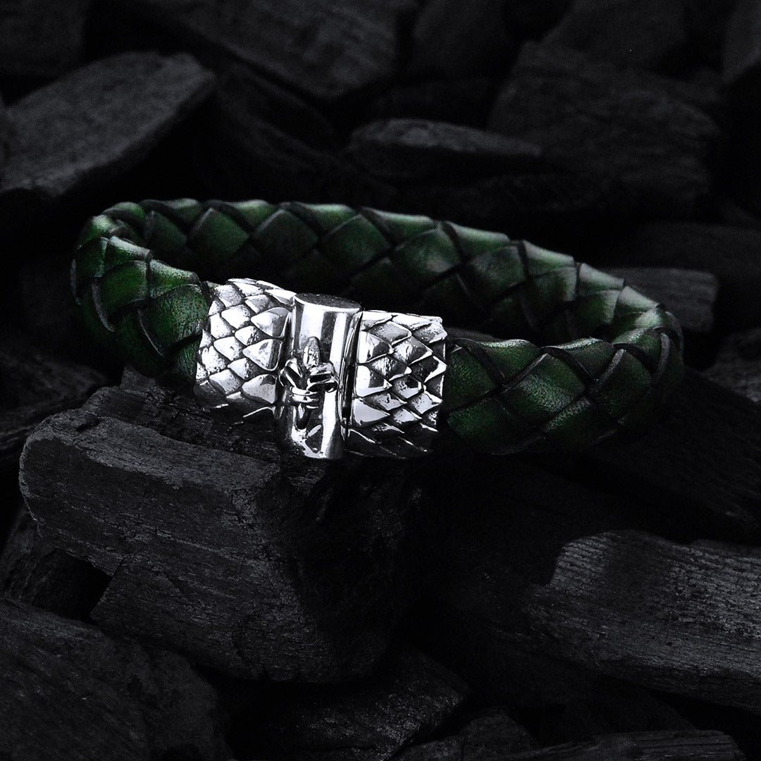 Silver-Leather Bracelet LILY and DRAGON SCALES Short Jointlock 13