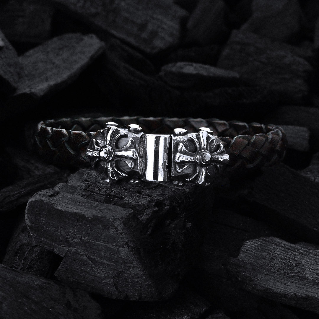 Silver-Leather Bracelet MALTESER CROSS with METEORITE Faceted Silver Jointlock 10