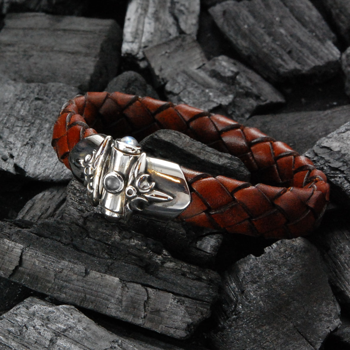 Silver-Leather Bracelet CRESCENT STAR Ship Silver Jointlock 13